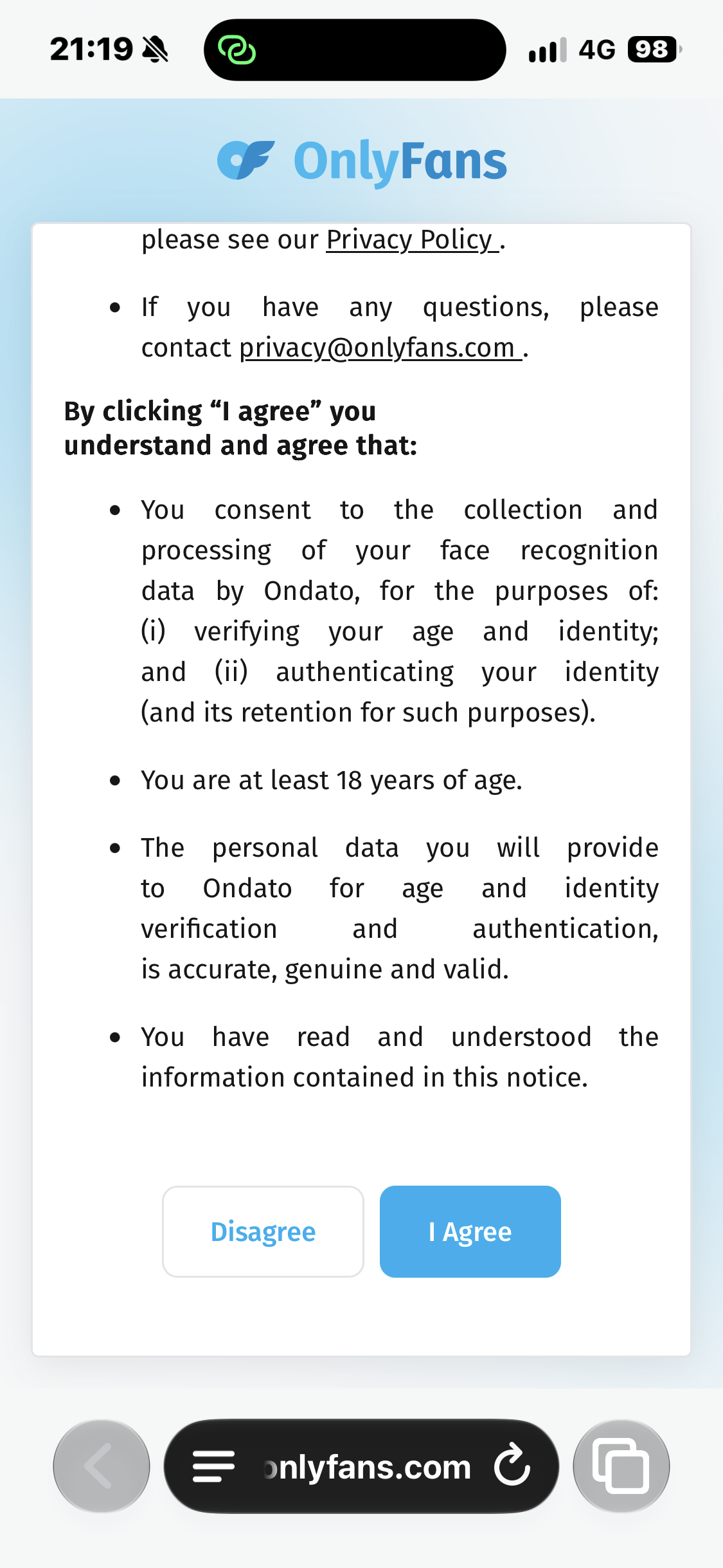 OnlyFans 隐私条款页面